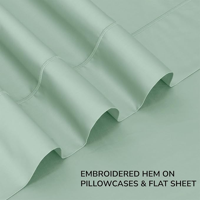 Feather & Stitch 500 TC Queen Size 4pc Damask Bed Sheet Set, 100% Soft Cotton Breathable Bedsheets, 18" Deep Pockets Sateen Weave Striped Bedding Mattress Resort Hotel Luxury Decor - (Soft Sage)