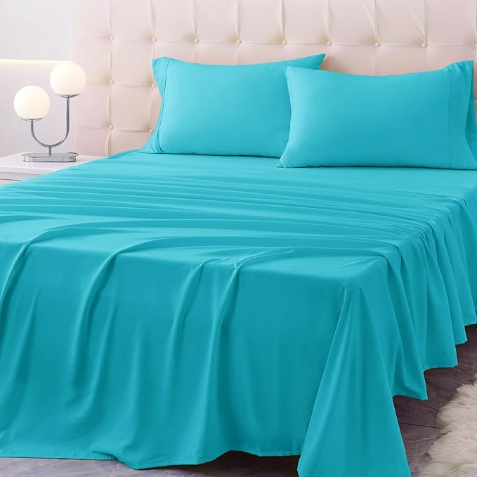 California King Size Bed Sheet Set - 4 Piece Soft Microfiber Sheets with Deep Pockets, Cooling Technology, and Wrinkle-Free Pillowcase. Hotel-Quality, Durable Bedding, Capri Blue