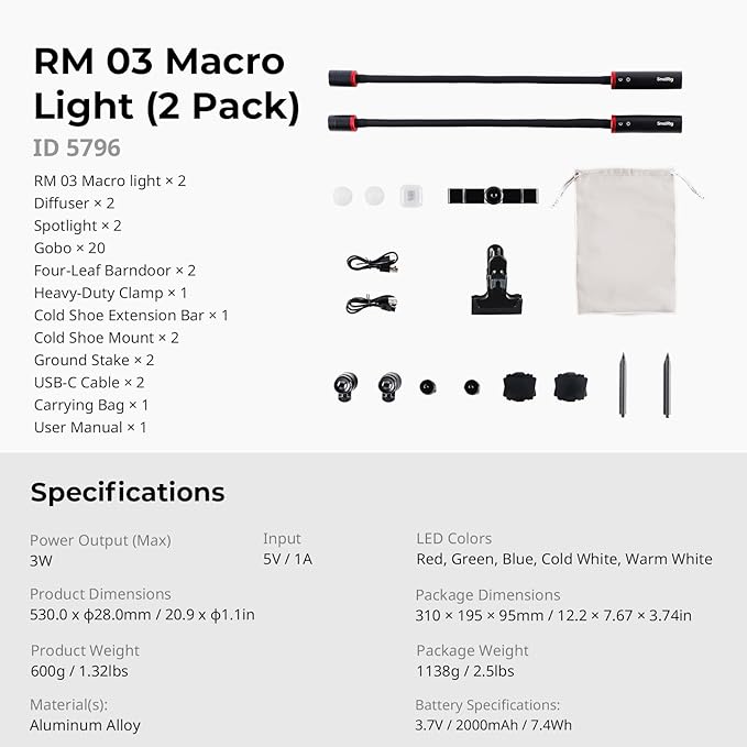 SmallRig RM 03 Macro Photography LED Light - 2 Pack, Adjustable Beam Angle, 5 Colors CRI95 TLCI92, Bendy Light with Cold Shoe Extension Bar, Clamp, Diffuser, Spotlight, Barndoor, Gobos, Stake - 5796