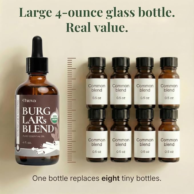 THIEVA Burglar’s Blend Essential Oil 4 oz – USDA Organic Pure Oil Blend for DIY Household Cleaning Seasonal Home Wellness and Diffuser Aromatherapy