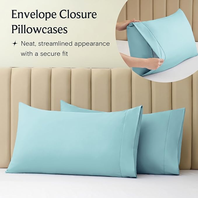 LuxClub 5 PC Split King Sheet Set, Breathable Luxury Bed Sheets, Deep Pockets 18" Eco Friendly Wrinkle Free Cooling Sheets Machine Washable Hotel Bedding Silky Soft - Aqua Split King