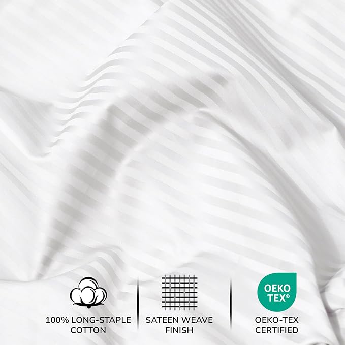 Feather & Stitch 500 TC King Size Damask Bed Sheet Set, 100% Cotton Soft Breathable Bedsheets, 4 Piece 18" Deep Pockets Sateen Weave Striped Bedding Mattress Resort Hotel Luxury- (White Stripe)