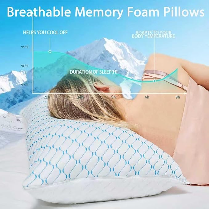 VAINOC Memory Foam Pillows Queen Size Set of 2, Adjustable Cooling Pillow for Side Back Stomach Sleepers with Washable Removable Cover
