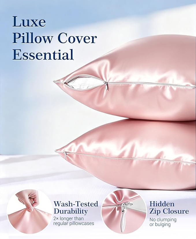Elegear Cooling Pillow Cases Set of 2 for Hot Sleepers, Soft Silky Satin Pillowcase for Hair & Skin, Upgraded Arc-Chill Cooling Satin Pillowcase Q-max>0.5, Luxury Zipper Pillowcase Cover-Standard,Pink