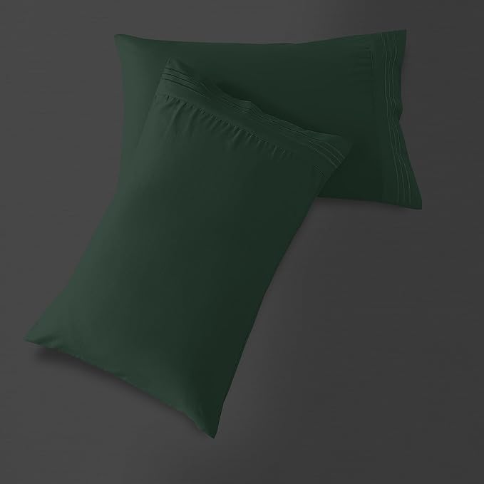 Mocassi 2-Piece Premium King Pillowcase Set 1800 Series Hotel Quality Microfiber - Soft and Breathable with 3-Line Embroidery Wrinkle and Stain Resistant, Easy Care, 20" x 40", Forest Green