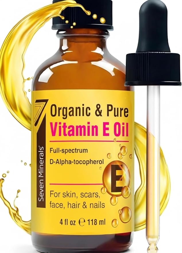 Seven Minerals Ultra Pure Vitamin E Oil - Full-Spectrum D-Alpha Tocopherol per 4 Oz Bottle - 100% Organic Vitamin E Oil for Skin, Face, Hair and Scars - Naturally Occurring:Not Synthetic. (Pack of 2)