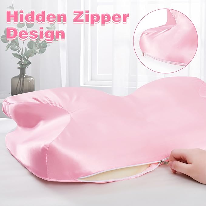 Satin Pillowcase for Cervical Pillow, Pink Silky Cervical Pillow Case Contour Pillow Case Cover with Zipper, Smooth Ergonomic Pillowcase for Neck Pillow Cover