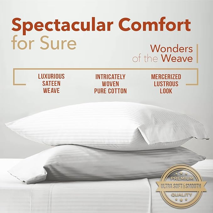 TEXAS LINEN CO. Luxury Egyptian Cotton King Size Sheet Set - Texan Talkin' Damask 600 Series 4 PC Deep Pocket Fitted and Flat Sheets, Cooling Extra Long Staple Sateen Hotel Bedding - White Stripe