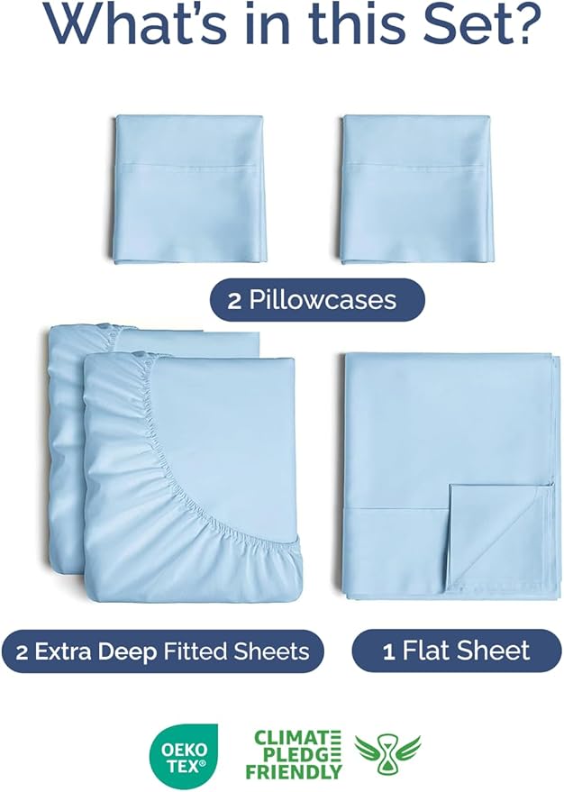 Extra Deep Split King Sheet Set - 5 Piece Breathable & Cooling Bed Sheets - Easily Fits 18 to 24 inch Mattress - Soft, Wrinkle & Fade Free with Extra Deep Pockets - Hotel Luxury Bedding - Light Blue