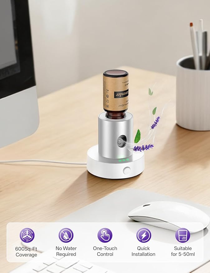 Mini Waterless Nebulizing Essential Oil Diffuser with 10ml Lavender Oil for Aromatherapy, Small Portable with Air Mist and Scent for Home, Room, Hotel, Desk, Office, Travel - Silver