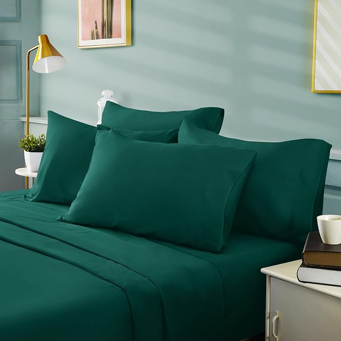 BYSURE 6 Pieces Bed Sheets Set(Queen, Dark Forest Green) - Hotel Luxury Super Soft 1800 Thread Count 100% Microfiber Sheets with Deep Pockets, Wrinkle & Fade Resistant
