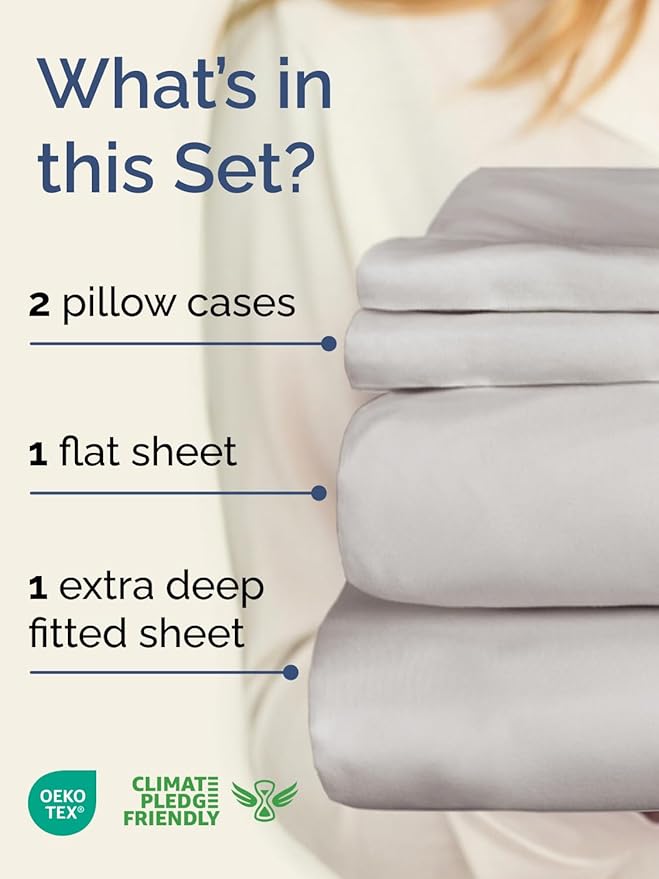 Extra Deep Cal King Sheet Set - 4 Piece Breathable & Cooling Bed Sheets - Easily Fits 18 - 24 inch Mattress - Ultra Soft, Wrinkle & Fade Free w/ Extra Deep Pockets - Hotel Luxury Bedding - French Grey