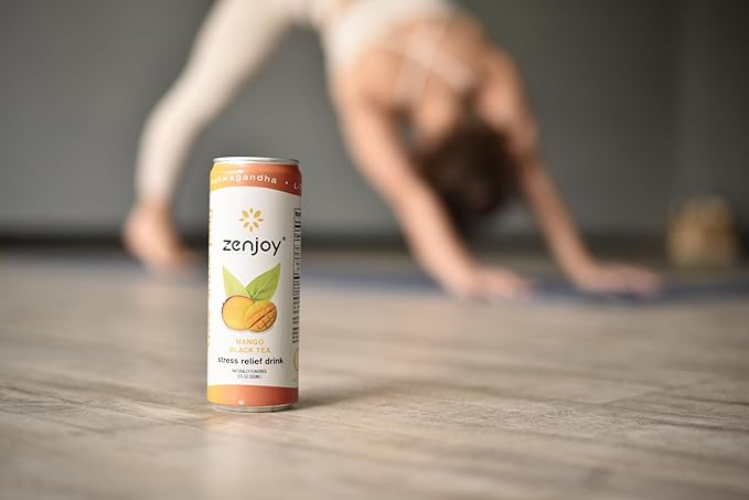 Zenjoy Stress Relief Drink, Calming Black Tea, Non Alcoholic, Ashwagandha & Lemon Balm for Stress Relief, L - Theanine for Focus (12 Pack) (Mango)