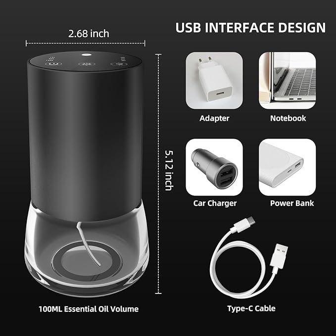 Waterless Essential Oil Diffuser with 120ML Pure Plant Essential Oil, 100ML Large Capacity Battery Operated Cordless Aromatherapy Diffuser with Timing & 3 Mist Levels car Diffuser 7 Colour Led Lights