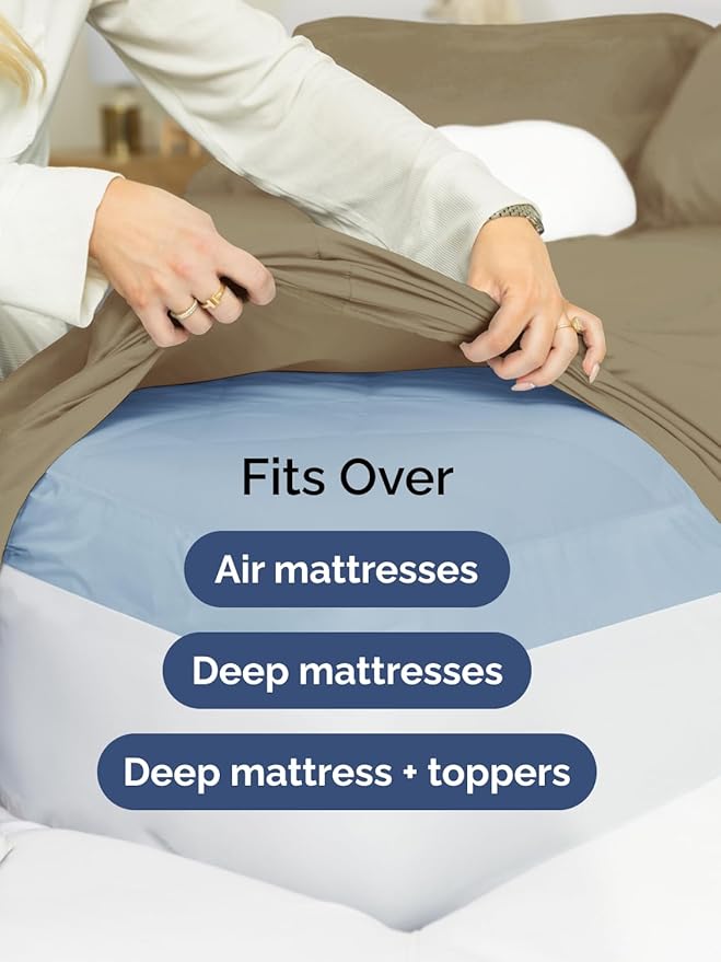 Extra Deep Cal King Sheet Set - 4 Piece Breathable & Cooling Bed Sheets - Easily Fits 18 to 24 inch Mattress - Ultra Soft, Wrinkle & Fade Free with Extra Deep Pockets - Hotel Luxury Bedding - Khaki