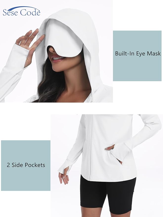 SeSe Code UPF 50+ Hoodie With Eye Mask Womens Zip Up Travel Jackets Sleep Sun Protection Shirts Pockets Outdoor Nap