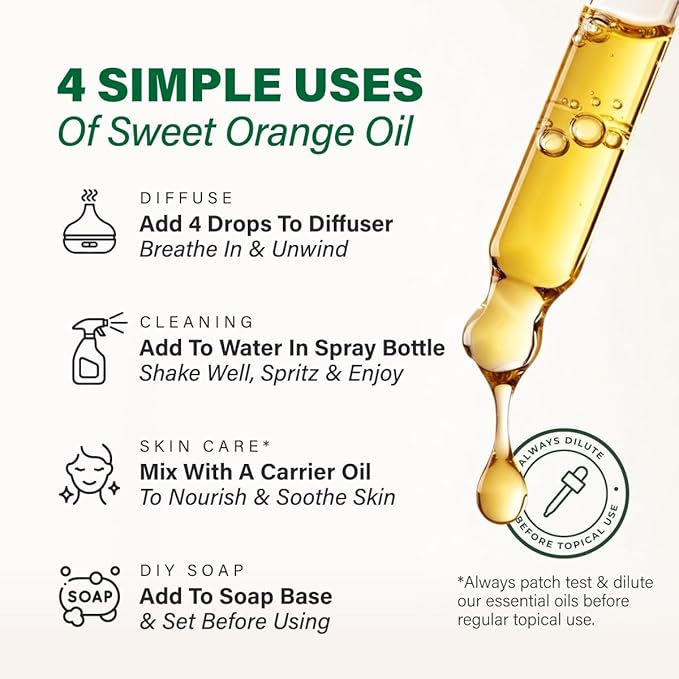 100% Pure Orange Oil - 4 Fl Oz Orange Essential Oil for Hair, Skin, Diffuser, Aromatherapy & DIY Soap Making Scent