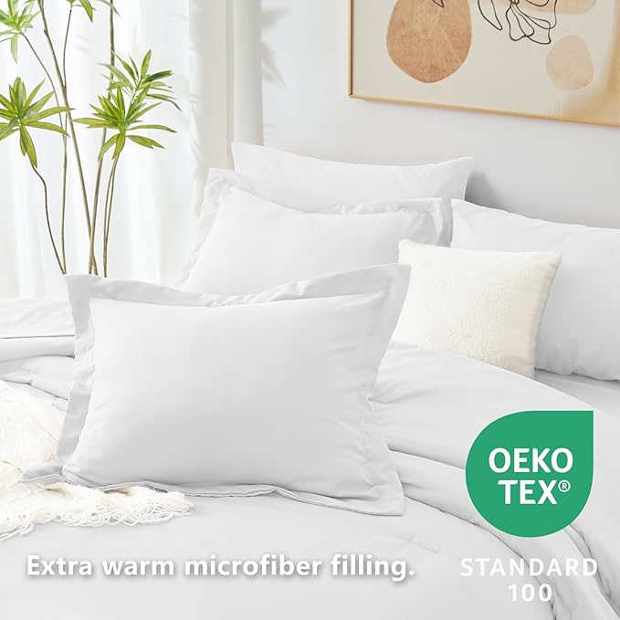 CozyLux Queen Comforter Set White, 7 Pieces Bed in a Bag Queen Comforter Set with Sheets, Luxury Soft Bedding Sets with Down Alternative Comforter, Fitted Sheet, Flat Sheet, Pillowcases & Shams