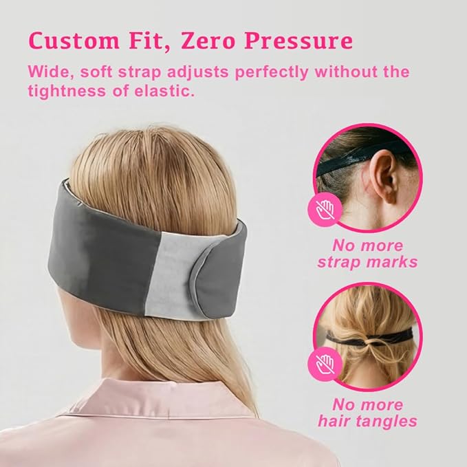 Silent Fastener Wide Sleep Mask with Ear Cover, Dual-Sided Cozy and Silky Eye Mask for Sleep, No Strap Satin Sleeping Eye Mask for Long Hair, Comfortable Eye Mask for Travel