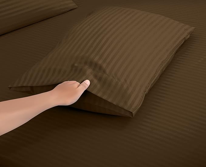 ROYALE LINENS 4 Piece Full Sheets Set - Soft Brushed Microfiber Bedding - 1 Fitted, 1 Flat Sheet, 2 Pillow Cases - Wrinkle Free & Fade Resistant - Hotel Luxury Bed Sheets (Stripe Chocolate, Full)