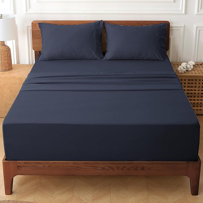 HYPREST Extra Deep Pocket Cal King Sheet Sets Fits 18"-24" in Thick Mattress -100% Cotton Sheet Set,Navy Blue Sheets Soft Wrinkle Free Cooling Sheet Sets