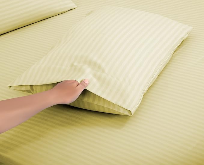 ROYALE LINENS 4 Piece Full Sheets Set - Soft Brushed 1800 Microfiber Bedding - 1 Fitted, 1 Flat Sheet, 2 Pillow Cases - Wrinkle Free & Fade Resistant - Hotel Luxury Bed Sheets (Stripe Beige, Full)