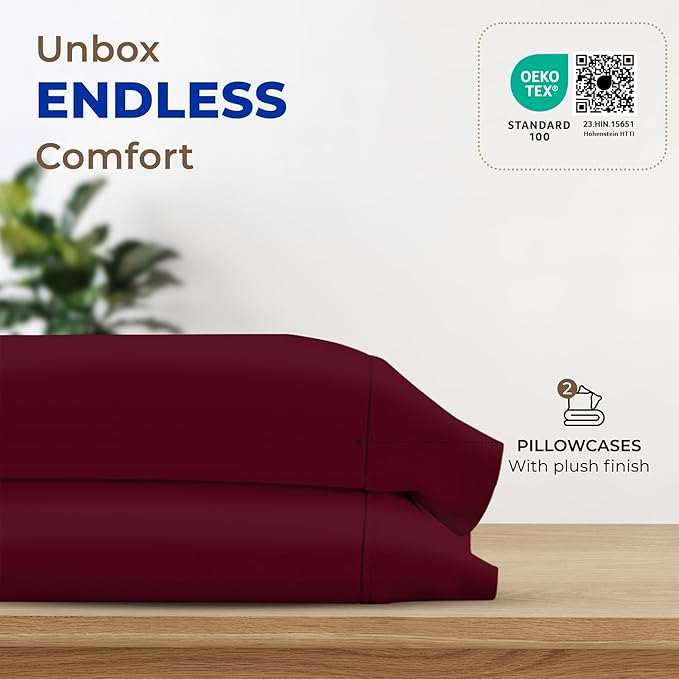 Thread Spread 100% Egyptian Cotton Pillow Cases Queen Size Set of 2 - Luxury 1000 Series Paradise Collection Queen Pillow Cases (Burgundy), Soft Cooling Sateen Hotel Egyptian Cotton Pillowcases
