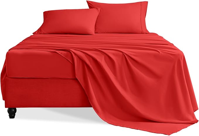 King Size Sheets Set, 4 Pieces Hotel Luxury Soft Microfiber Bed Sheets Set, Up to 16" Deep Pockets, Oeko-Tex Sheets with Elastic, Breathable, Wrinkle Free (Red, King)