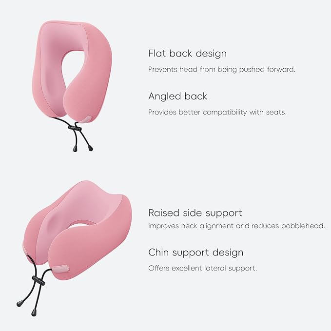 urnexttour Neck Pillow for Travel Memory Foam Design Models Pillows with Zero Eye Pressure 3D Eye Mask and Compact Bag Traveling Essentials Plane Car Flight Rest Sleeping Use Adult, Pink
