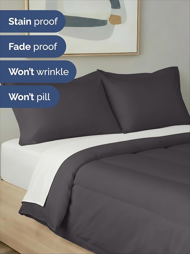 King Comforter Set - 3 Piece Bed Set for All Seasons - 1 Soft Quilted Comforter w/ Corner Tabs & 2 Pillow Shams - Comfy, Cozy & Breathable - Premium Down Duvet Insert - Oeko-TEX - King Size, Dark Grey