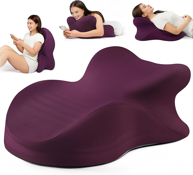 Memory Foam Ergonomic Wedge Pillow, Reading Pillow for Bed, Headboard Pillow Support for Back Pain, Acid Reflux & Sitting Up, Ideal for Massage with Removable Cover-Purple