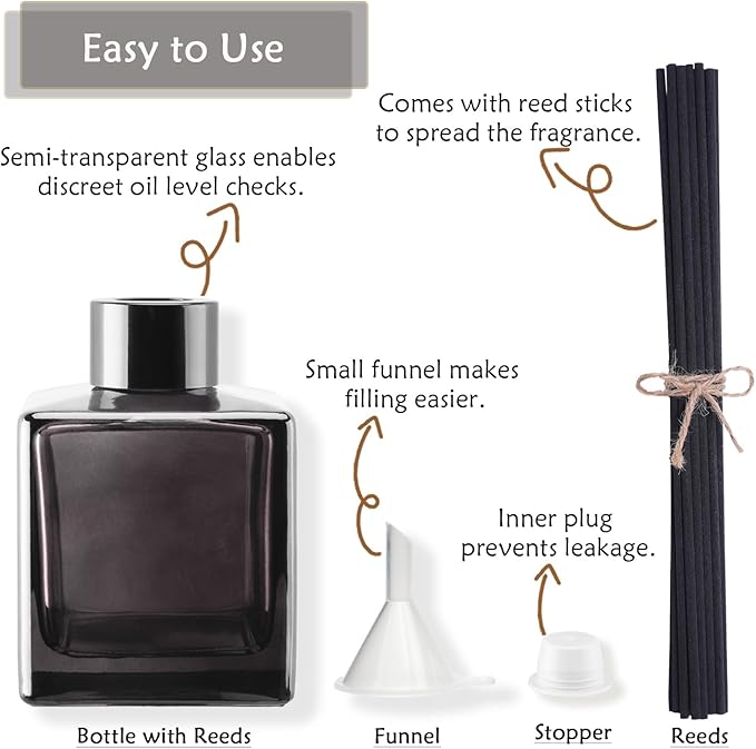 4PCS Empty Glass Diffuser Bottles,150ML/5.29Oz Anthracite Gray Refillable Fragrance Set with 20pcs Reeds Sticks & Black Caps & stoppers & Funnels for DIY Essential Oil