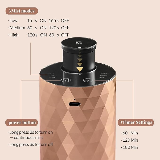Waterless Essential Oil Diffuser - Rose Gold Portable Aromatherapy Scent Machine with 3 Mist Modes & Timer