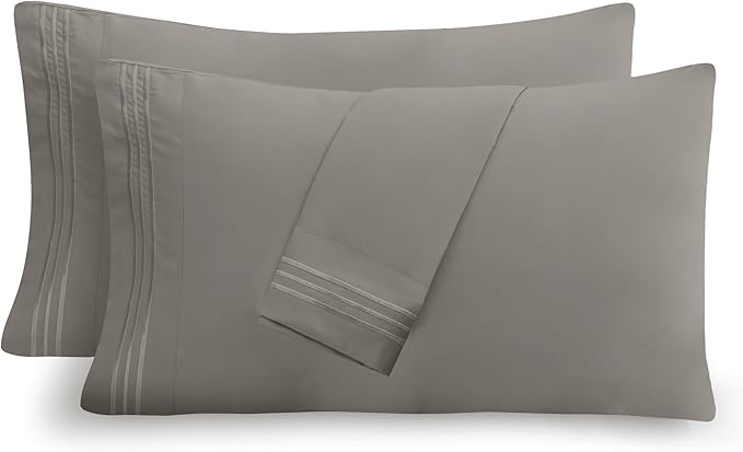 Mocassi 2-Piece Premium Standard/Queen Pillowcase Set 1800 Series Hotel Quality Microfiber - Soft and Breathable with 3-Line Embroidery Wrinkle and Stain Resistant, Easy Care, 20" x 30", Gray