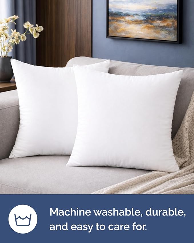 Throw Pillow Inserts 18x18 Set of 2 - Fluffy Down Alternative Fill - 10% More Fill Than Standard Loft - Plump Bounce-Back Support for Indoor & Outdoor Use - Hypoallergenic & Machine Washable - White