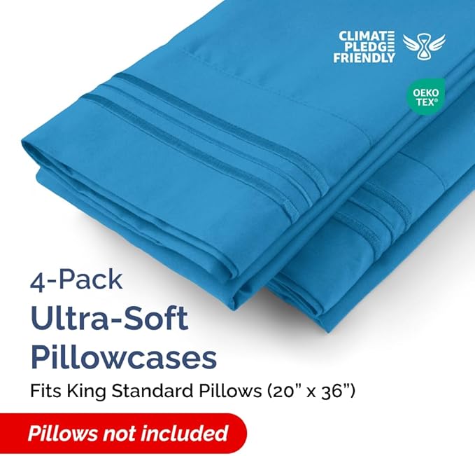 King Standard Pillow Cases Set of 4 - Soft Hotel Quality Pillowcase Covers - Comfy Bedding for Women, Men, Kids & Teens - Machine Washable Pillow Protectors - 4 Piece Set - King Standard Denim Blue