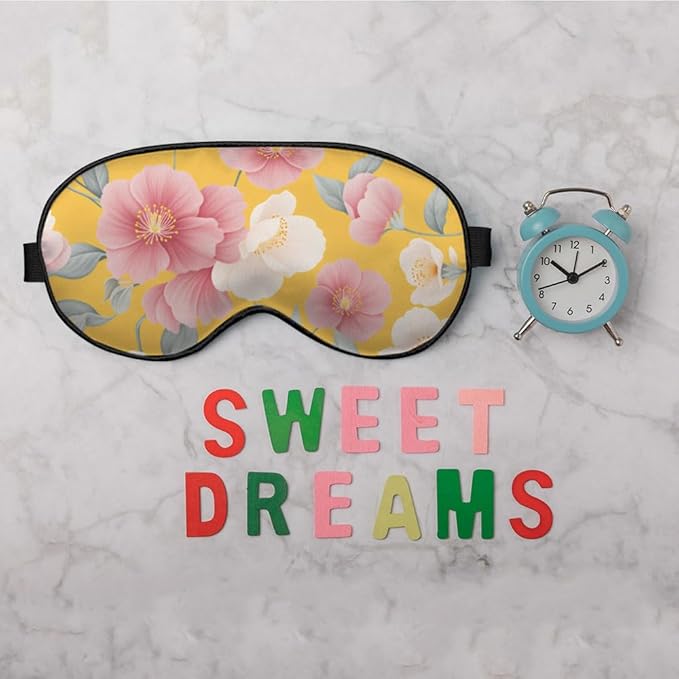 Floral Sleep Eye Mask Japanese Papaya Flowers Yellow Retro Theme Silk Eye Mask Sleeping Soft Eye Shade Cover for Men Women Boy Girl Airplane Travel with Elastic Strap
