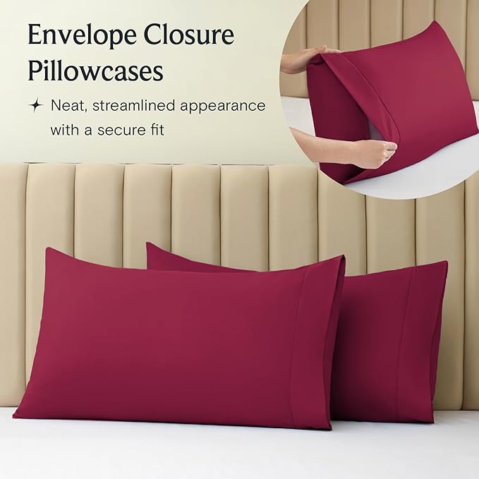 LuxClub 4 PC Queen Sheet Set, Breathable Luxury Bed Sheets, Deep Pockets 18" Wrinkle Free Cooling Sheets Machine Washable Hotel Bedding Silky Soft - Burgundy Queen