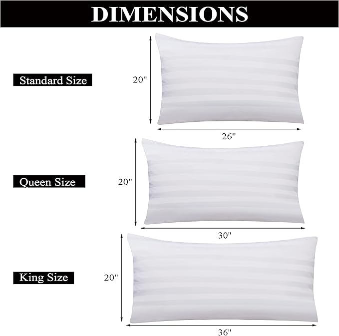 Pillow Protector Queen Size 100% Egyptian Cotton Pillow Covers, 400 Thread Count Sateen Weave Cooling Pillow Cases with Zipper Hidden, Breathable Non Noisy Easy Care, Set of 2 (Striped White)