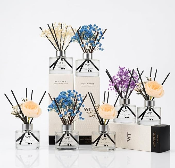 Flower Reed Diffuser Set Gardenia Scent for Bathroom Accessories Shelf Decor & Air Fresheners, Sticks Defusers with 5.1 fl oz Essential Oils & Leaves, House Bedroom Office Decor & Gifts