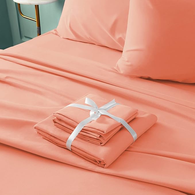 BYSURE 6 Pieces Bed Sheets Set(King, Coral) - Super Soft 1800 Thread Count 100% Microfiber Sheets with Deep Pockets, Wrinkle & Fade Resistant