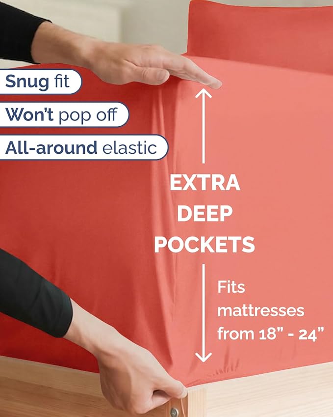 Extra Deep Twin XL Sheet Set - 3 Piece Breathable & Cooling Bed Sheets - Easily Fits 18 to 24 inch Mattress - Ultra Soft, Wrinkle & Fade Free w/ Extra Deep Pockets - Comfy Hotel Luxury Bedding - Coral