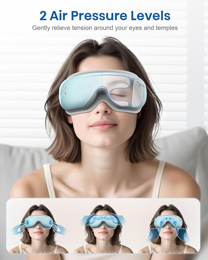 cotsoco Eye Massager with Heat, Remote, and Compression, Adjustable Foldable Sleep Mask for Relaxing Eyes and Better Sleep, Migraine Relief Device, Birthday Gifts for Women Men Her Him-Blue
