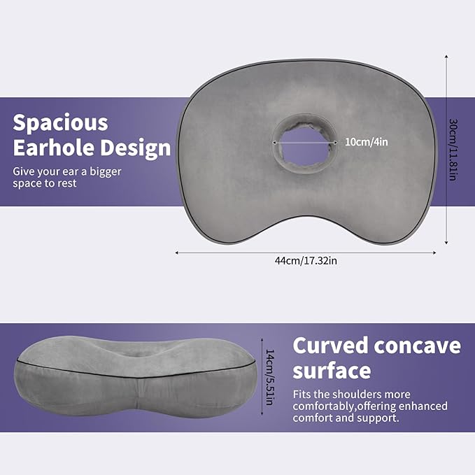 Curved Ear Piercing Pillow - Orthopedic Donut Design with 3.5" Ear Hole Relief, Gray Velvet Side Sleeper Support for Healing Piercings