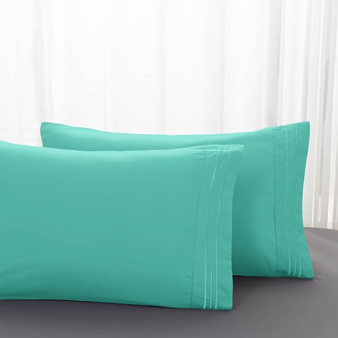 Mocassi 2-Piece Premium Standard/Queen Pillowcase Set 1800 Series Hotel Quality Microfiber - Soft and Breathable with 3-Line Embroidery Wrinkle and Stain Resistant, Easy Care, 20" x 30", Minted Aqua
