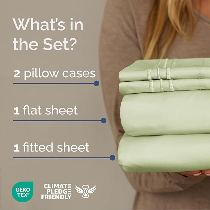 Cal King Size 4 Piece Sheet Set - Comfy Breathable & Cooling Sheets - Hotel Luxury Bed Sheets for Women & Men - Deep Pockets, Easy-Fit, Soft & Wrinkle Free Sheets - Light Sage Green Oeko-Tex Sheets
