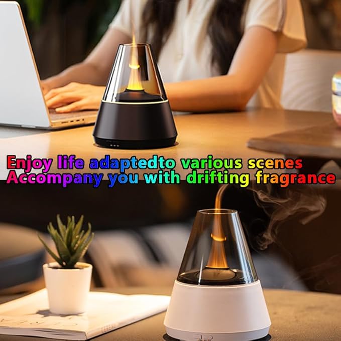 Flame humidifier,Flame Aroma Diffuser, 120ml Flame Humidifier, Essential Oil Aromatherapy Diffuser with 7-Color Changing LED Lights, Waterless Auto Shut-Off, Ideal for Home, Office, Bedroom (Black)
