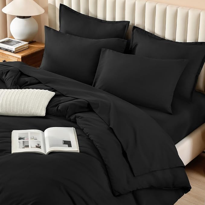 Litanika Comforter King Size Set Black - 7 Pieces Bed in a Bag King Bedding Comforter Sets, Plain Lightweight Bed Set with Comforter, Sheets, Pillowcases & Shams