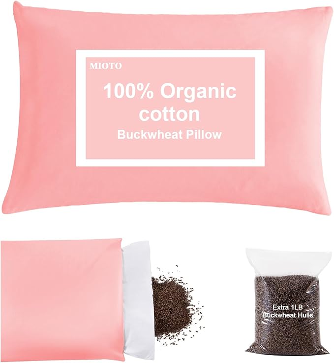 MIOTO Organic Buckwheat Pillow for Sleeping with Dual-Layer Pillowcase and Extra Tartary Buckwheat Hulls, Adjust Height and Firmness, Neck Support Pillow for Back and Side Sleepers 20"x26", Pink