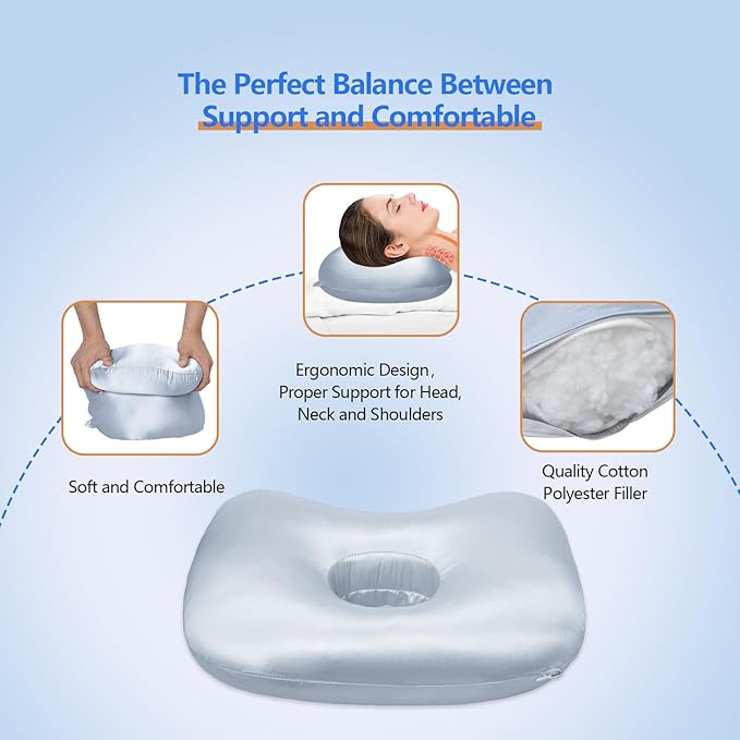 Ear Piercing Hole Pillows Side Sleeper Pillow with an Ear Hole for CNH Side Sleepers and Ear Inflammation Pressure Sores, Adjustable Cotton and Polyester Curved Side Pillow, Light Blue Silk